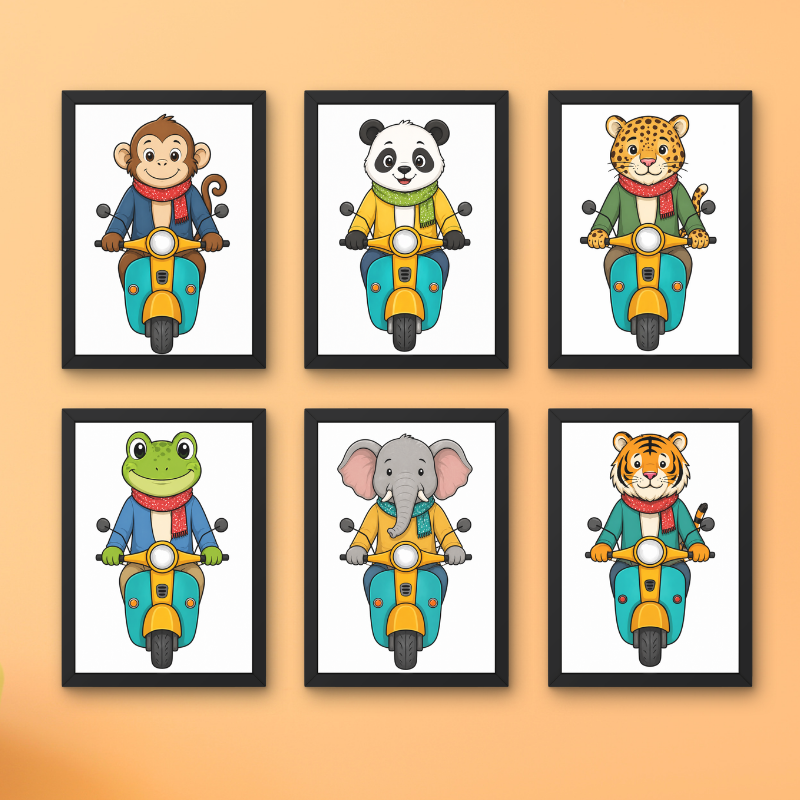 Cute Animal Scooter Wall Art Set (Set of 6) Framed