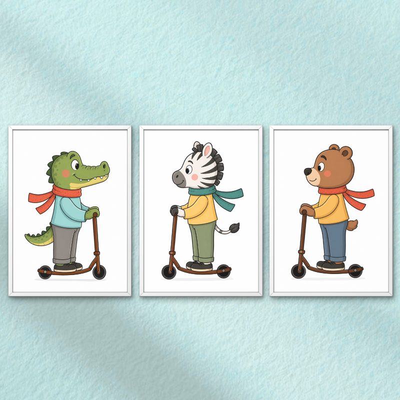 Framed Animal Scooter Wall Art Set of 6 Kids Room Decor Nursery Cartoon