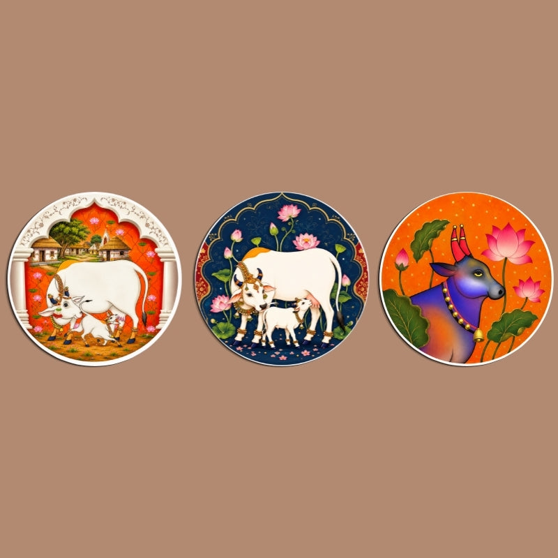 Sacred Cow & Calf Wall Art Set of 3 – Framed Round Wall