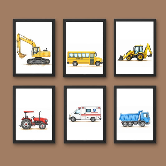 Kids Construction Vehicles Wall Art Set of 6 Framed Prints