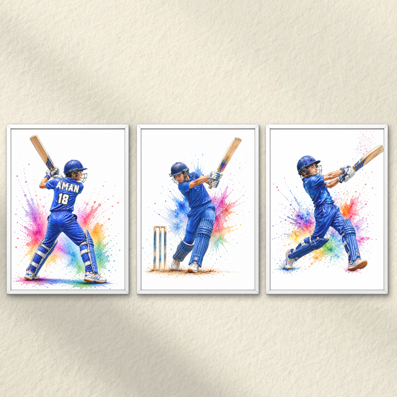 Cricket Player Wall Art Set of 3 – Personalized Cricket Poster( Framed )