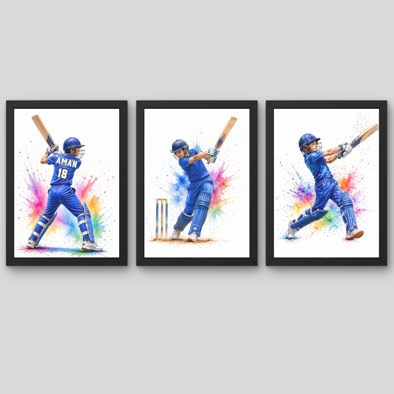 Cricket Player Wall Art Set of 3 – Personalized Cricket Poster( Framed )