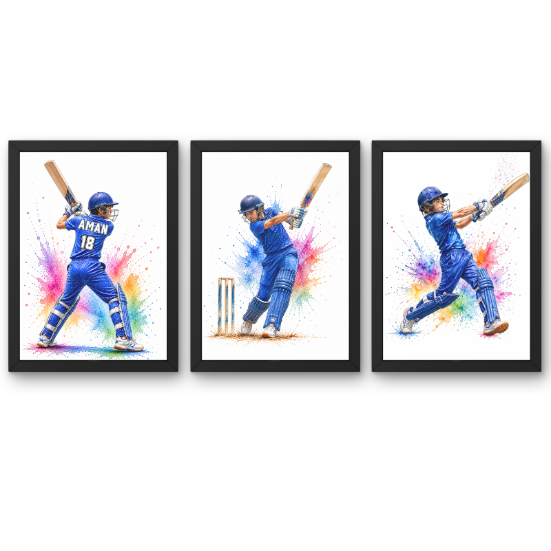 Cricket Player Wall Art Set of 3 – Personalized Cricket Poster( Framed )