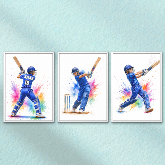 Cricket Player Wall Art Set of 3 – Personalized Cricket Poster( Framed )