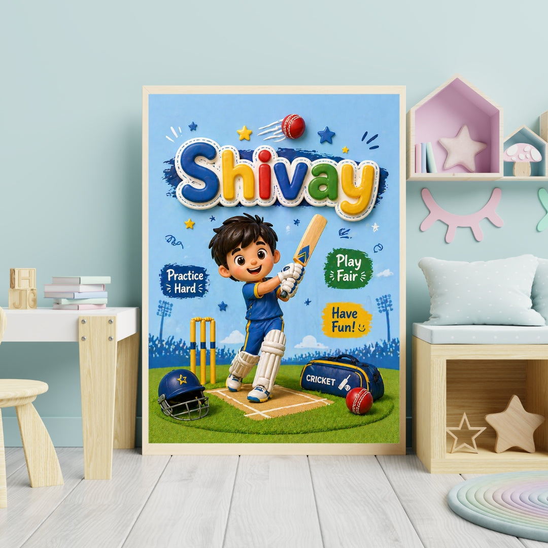 Personalized Cricketer Theme Kids Name Frame