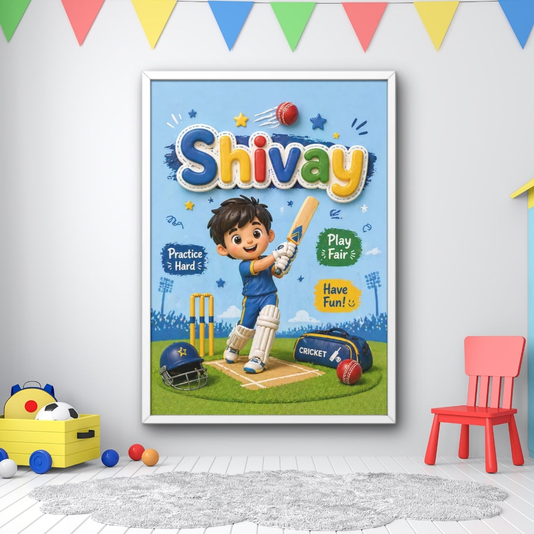 Personalized Cricketer Theme Kids Name Frame
