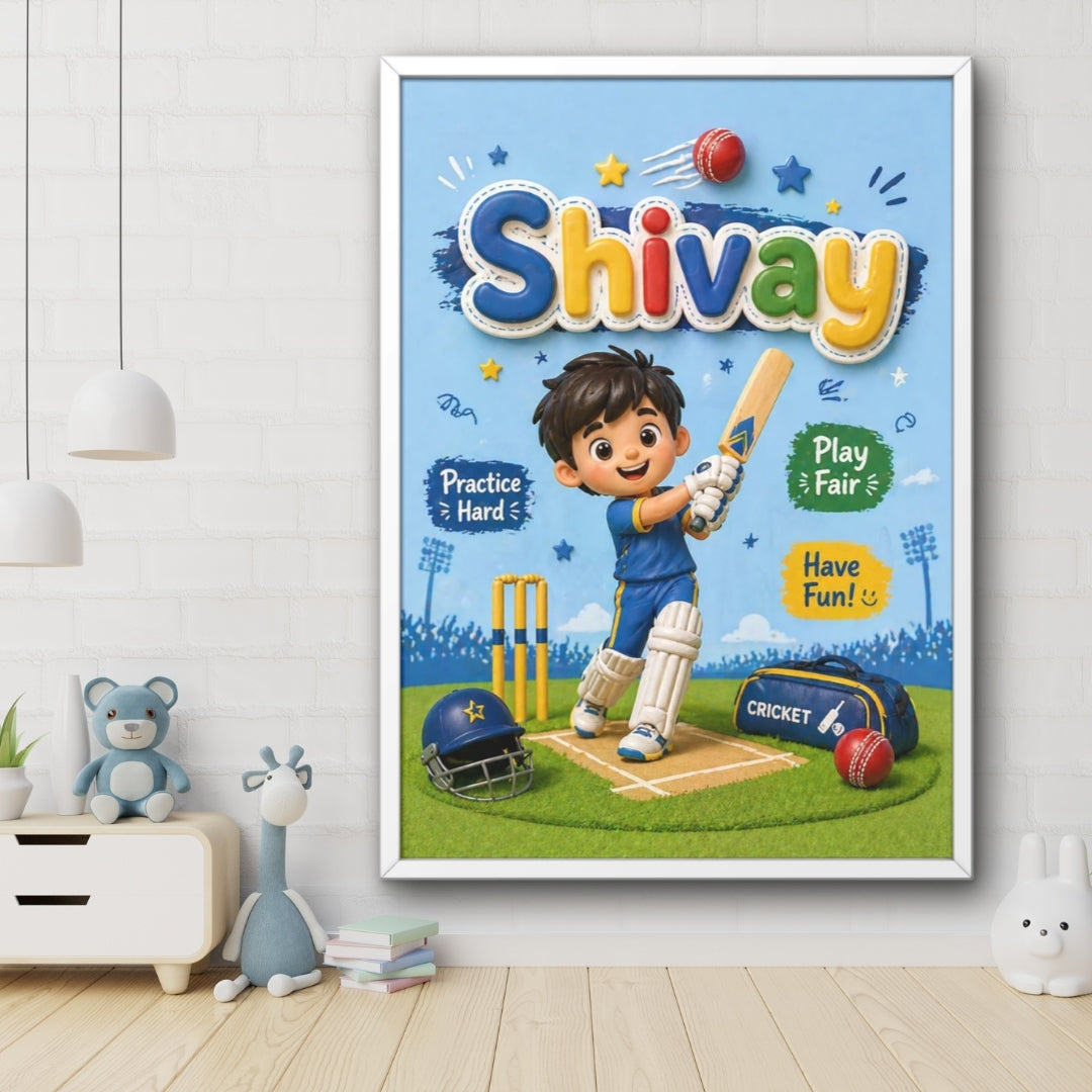 Personalized Cricketer Theme Kids Name Frame