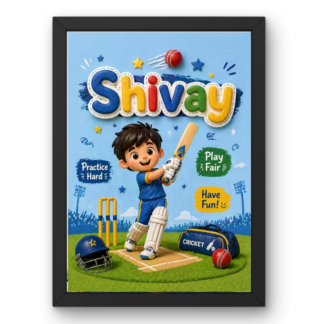 Personalized Cricketer Theme Kids Name Frame