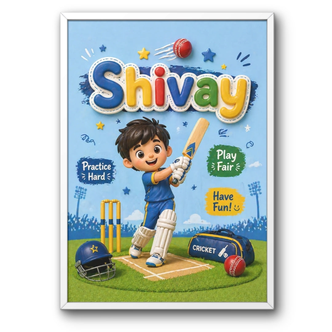 Personalized Cricketer Theme Kids Name Frame