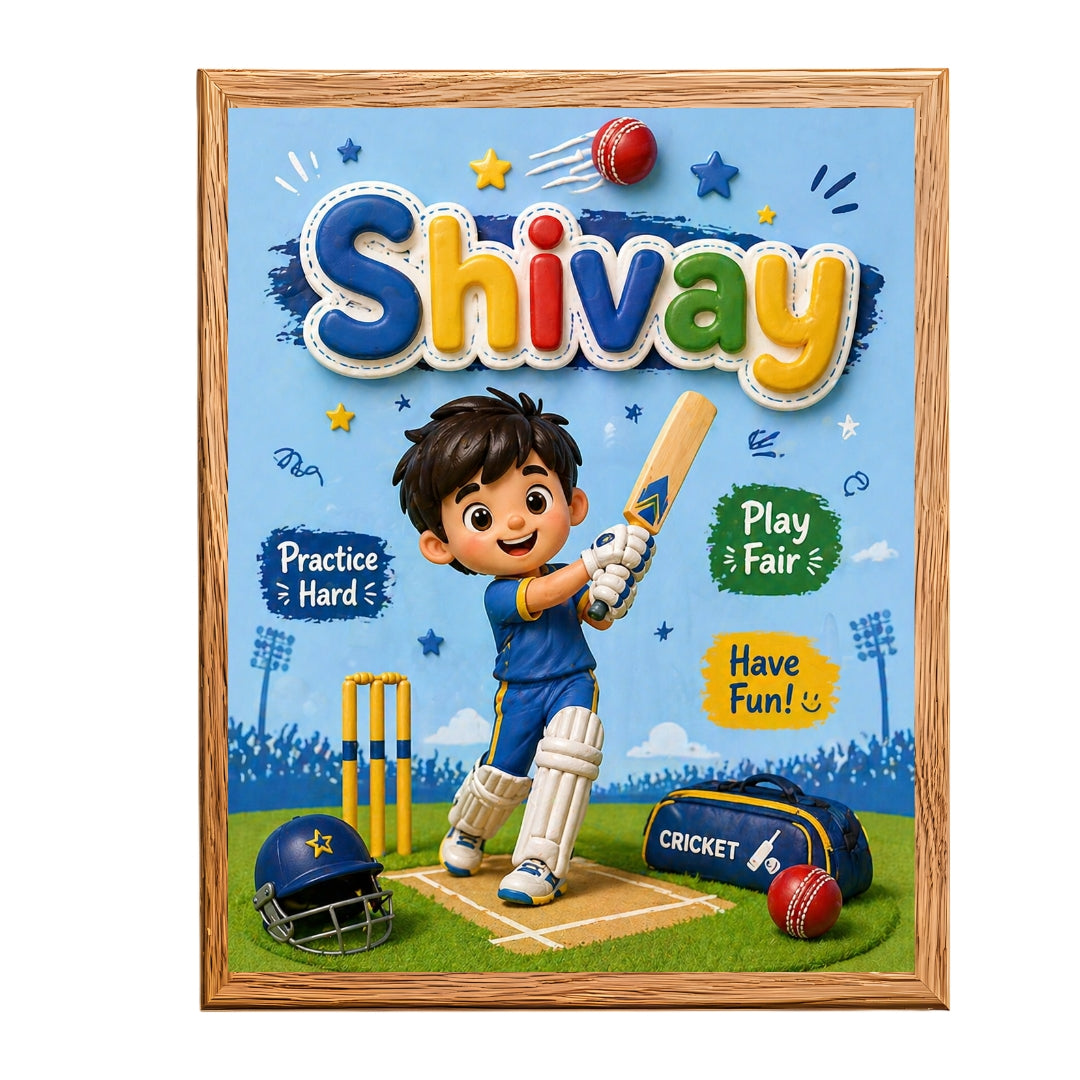 Personalized Cricketer Theme Kids Name Frame