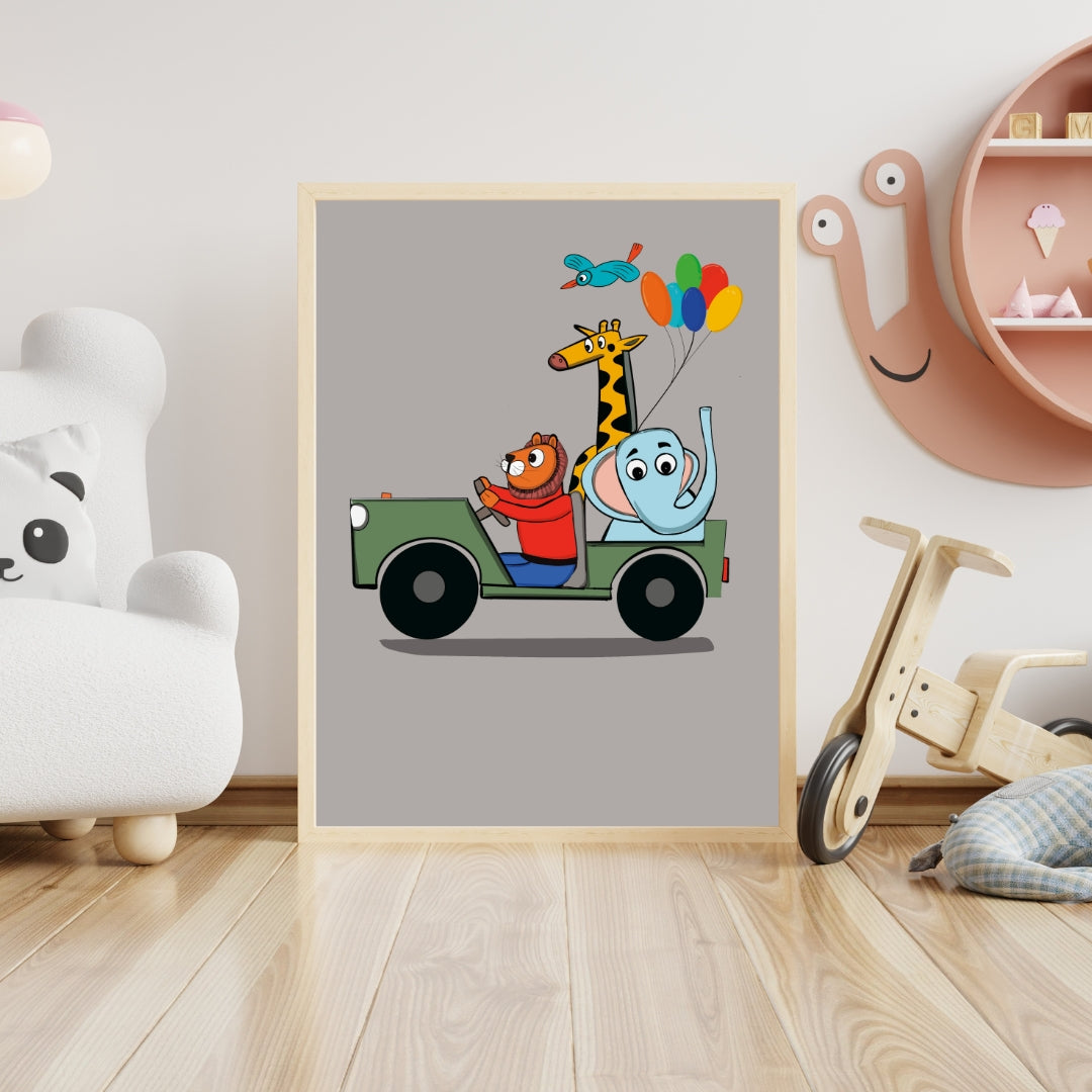 Kids Animal Adventure Wall Art Framed Poster | Nursery Room Decor | Cute Jungle Safari Artwork
