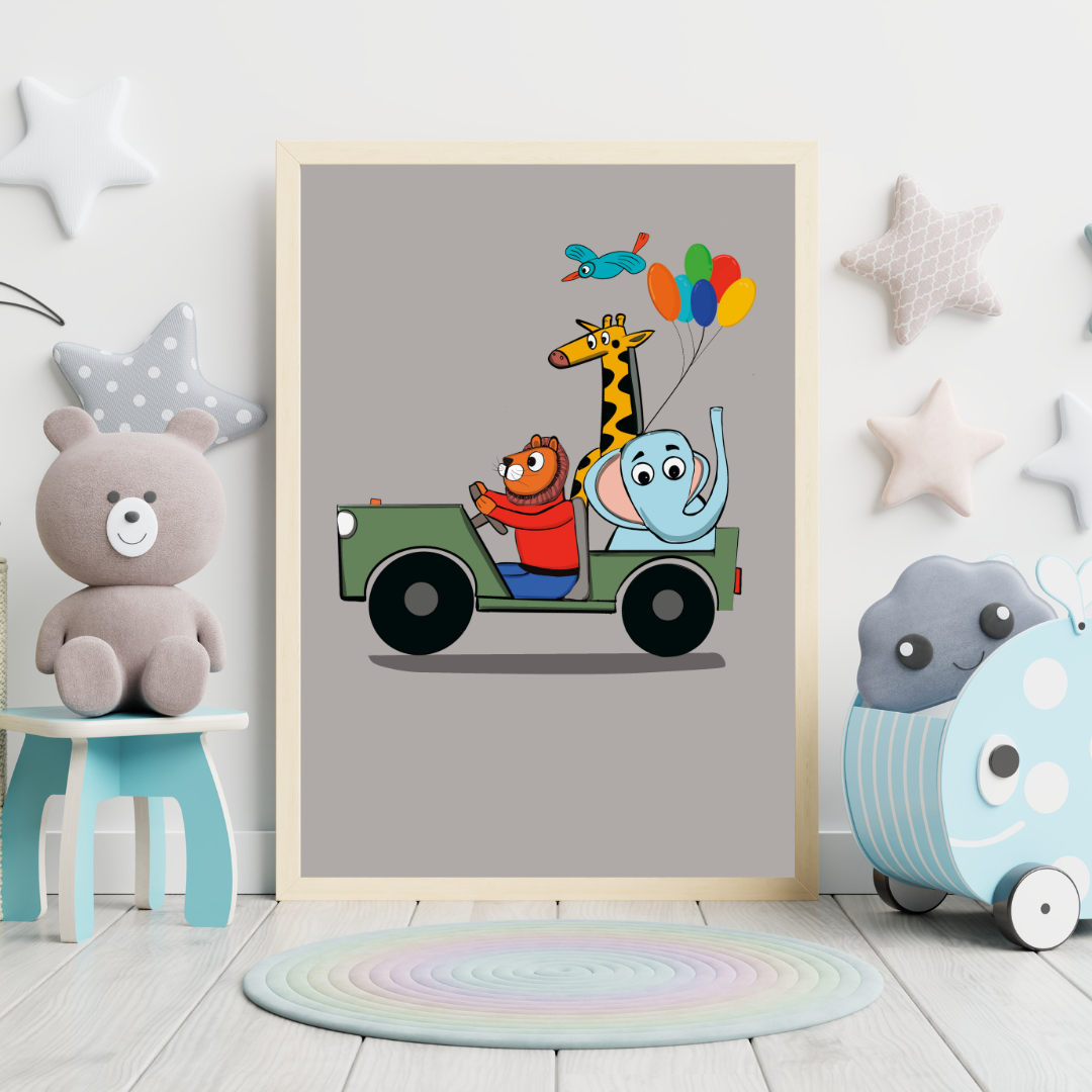 Kids Animal Adventure Wall Art Framed Poster | Nursery Room Decor | Cute Jungle Safari Artwork