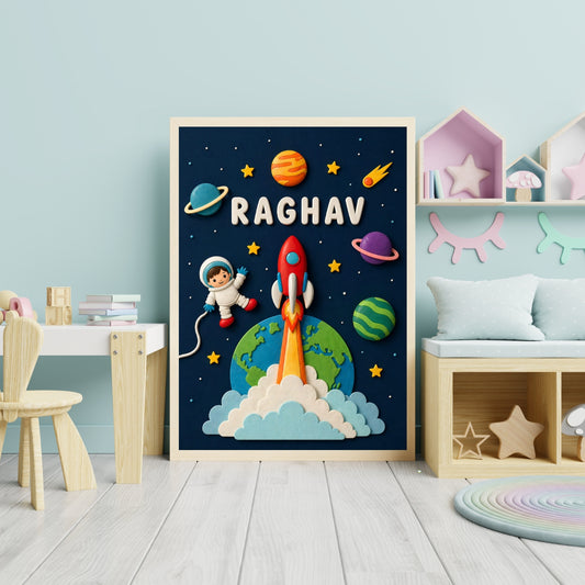 Personalized Space Rocket Kids Wall Art Framed Poster