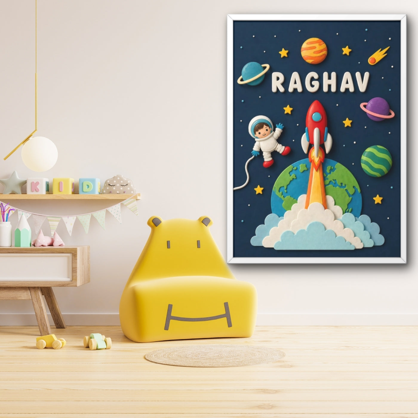 Personalized Space Rocket Kids Wall Art Framed Poster