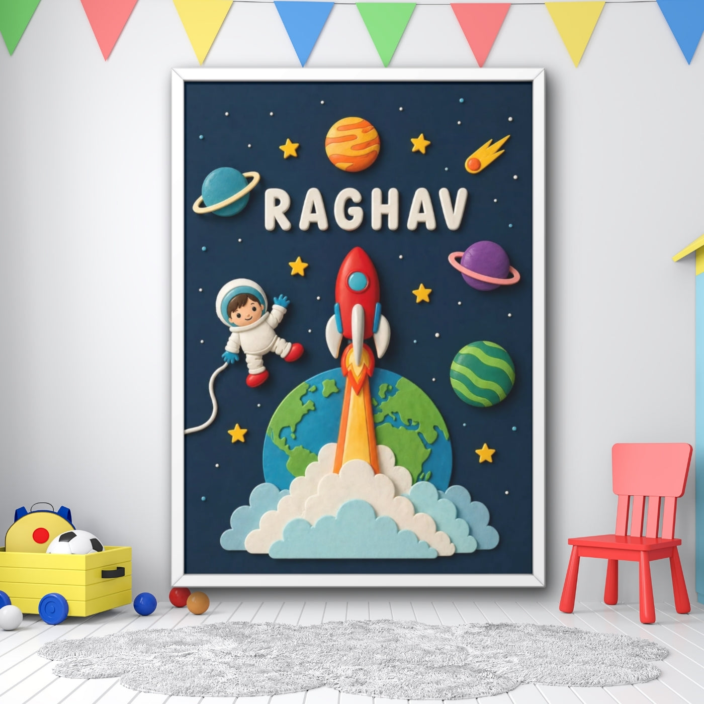 Personalized Space Rocket Kids Wall Art Framed Poster