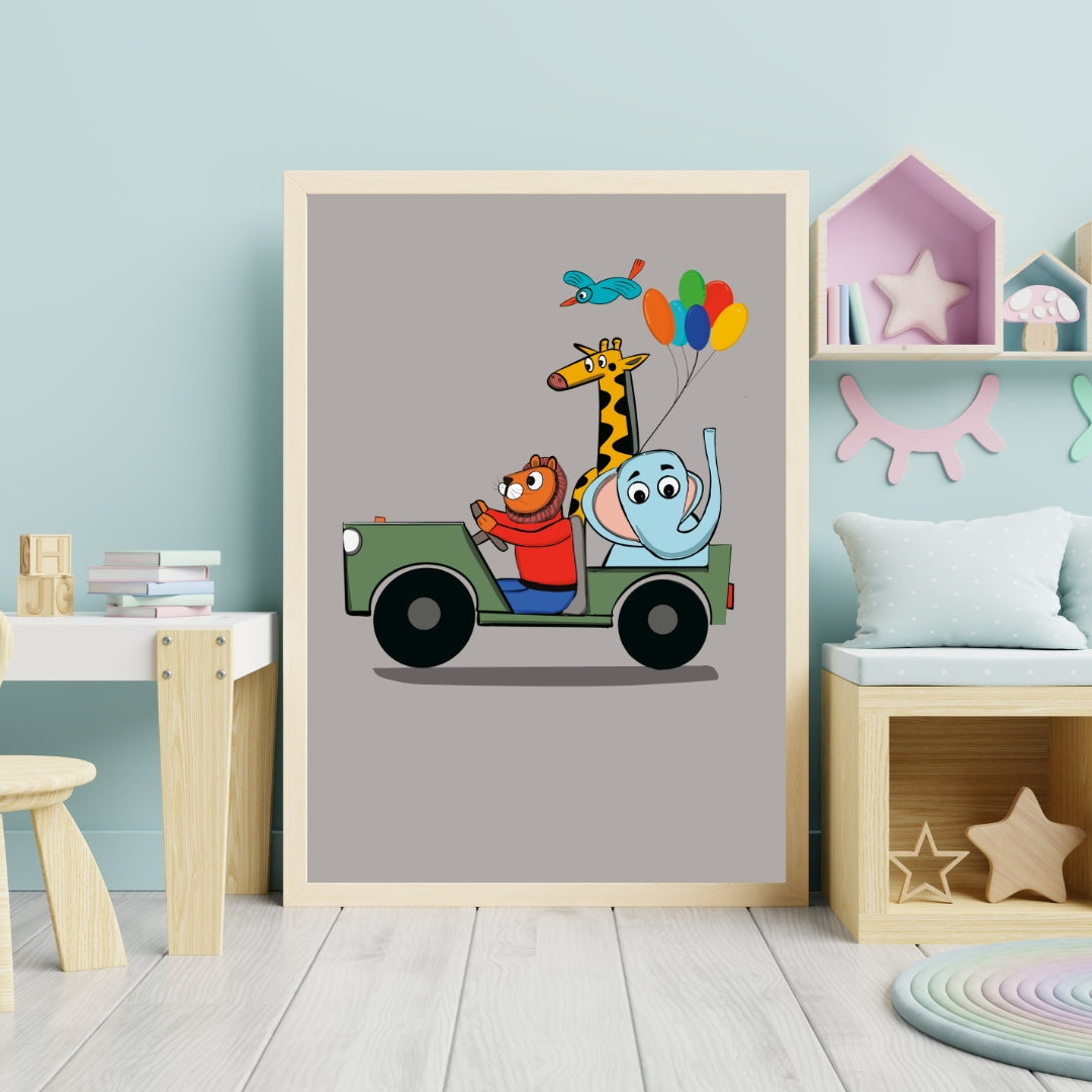 Kids Animal Adventure Wall Art Framed Poster | Nursery Room Decor | Cute Jungle Safari Artwork