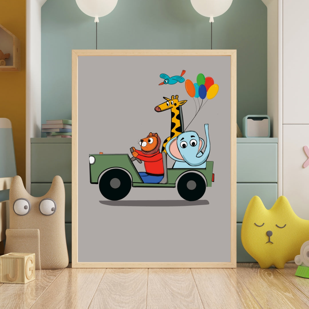 Kids Animal Adventure Wall Art Framed Poster | Nursery Room Decor | Cute Jungle Safari Artwork