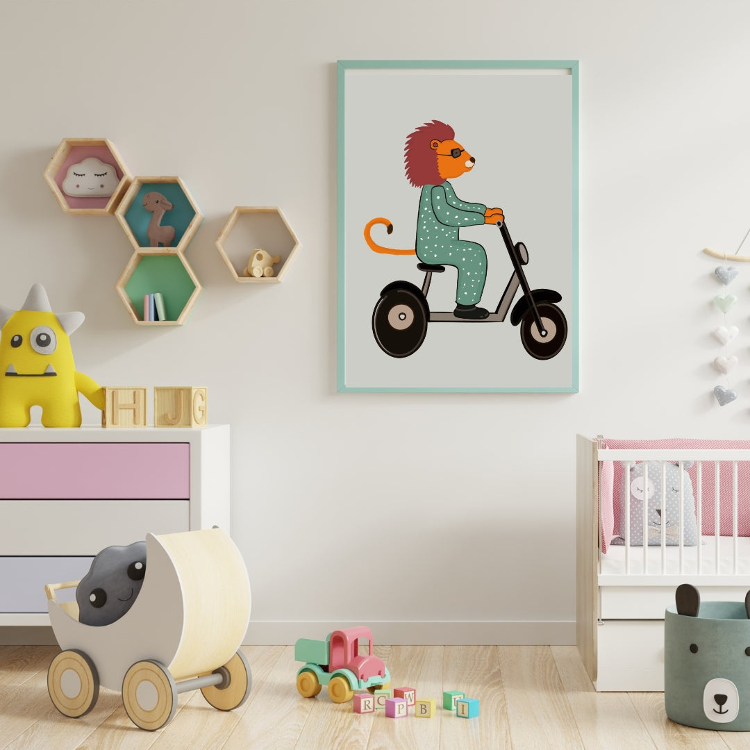 Kids Lion Scooter Wall Art Framed Poster | Cute Animal Nursery Decor | Playful Kids Room Artwork