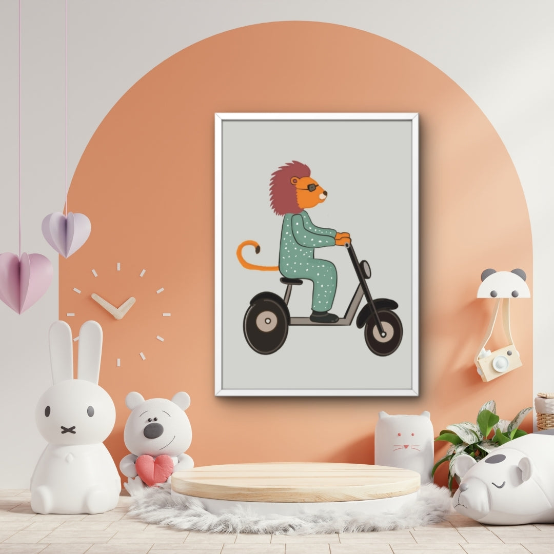 Kids Lion Scooter Wall Art Framed Poster | Cute Animal Nursery Decor | Playful Kids Room Artwork
