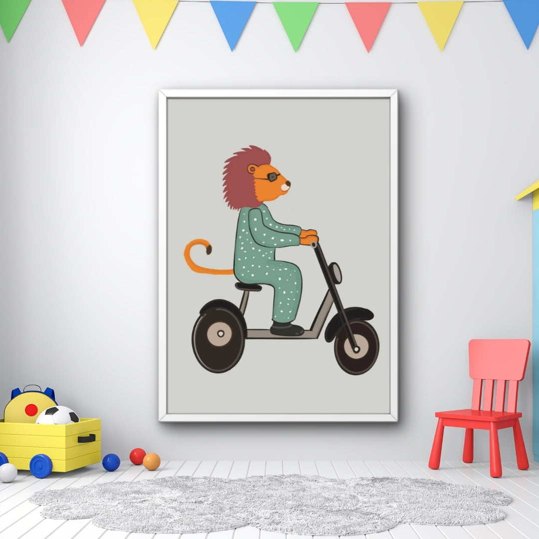 Kids Lion Scooter Wall Art Framed Poster | Cute Animal Nursery Decor | Playful Kids Room Artwork