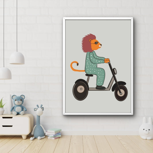 Kids Lion Scooter Wall Art Framed Poster | Cute Animal Nursery Decor | Playful Kids Room Artwork