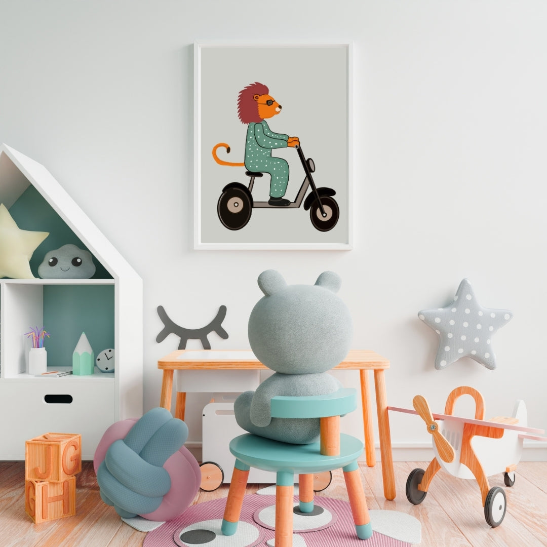 Kids Lion Scooter Wall Art Framed Poster | Cute Animal Nursery Decor | Playful Kids Room Artwork