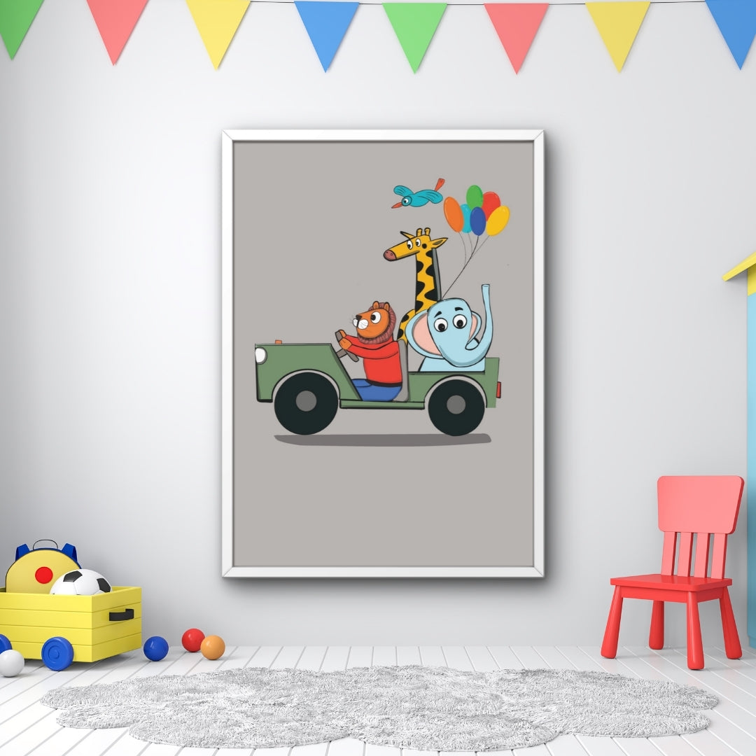 Kids Animal Adventure Wall Art Framed Poster | Nursery Room Decor | Cute Jungle Safari Artwork