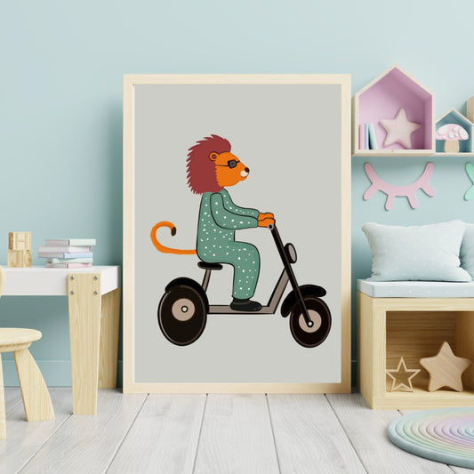 Kids Lion Scooter Wall Art Framed Poster | Cute Animal Nursery Decor | Playful Kids Room Artwork