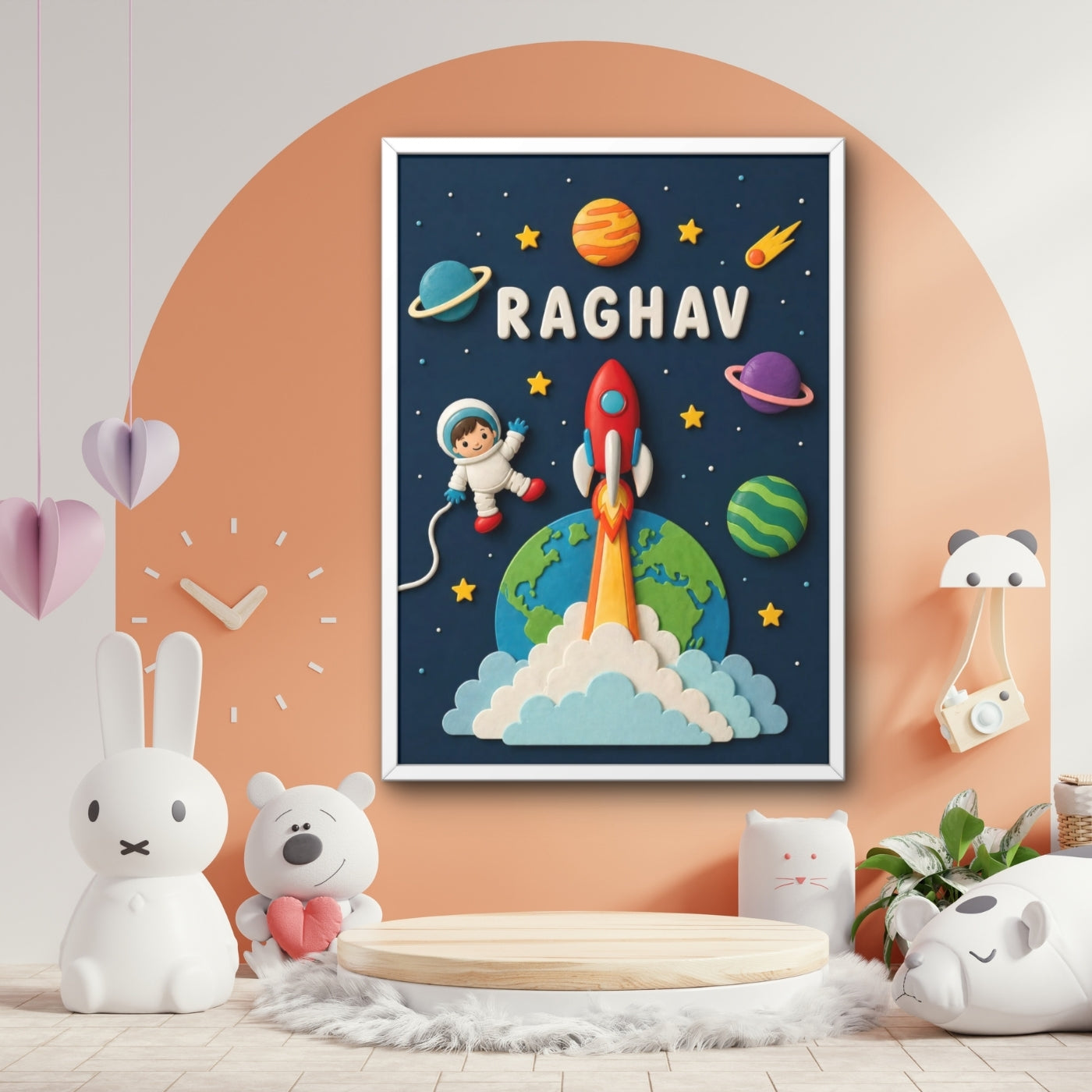 Personalized Space Rocket Kids Wall Art Framed Poster