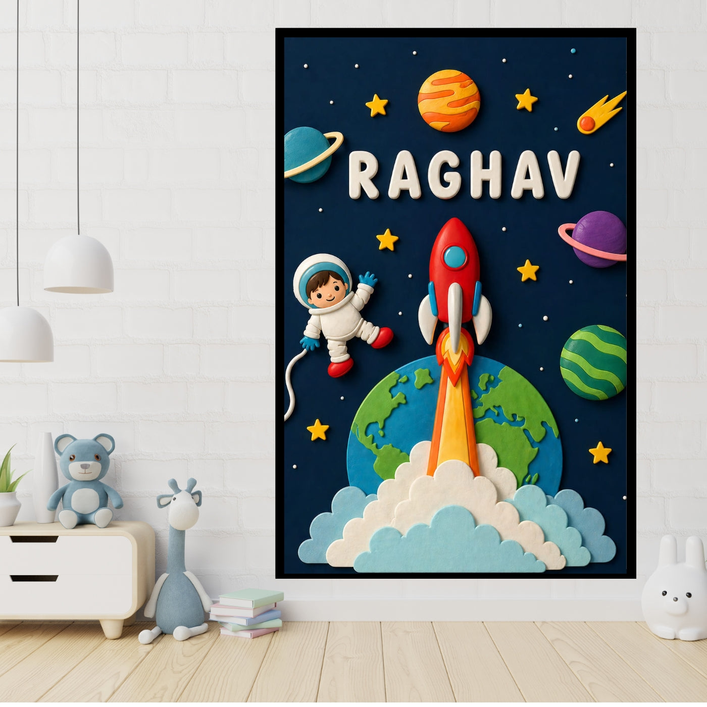 Personalized Space Rocket Kids Wall Art Framed Poster