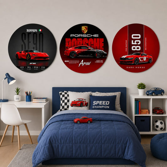 Personalized Car Wall Art Set of 3 | Custom Name Round Wall Decor | Boys Room Wall Art | 12 Inch MDF Wall Hanging