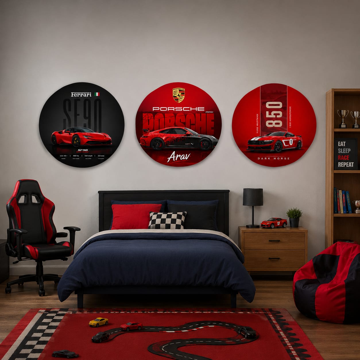 Personalized Car Wall Art Set of 3 | Custom Name Round Wall Decor | Boys Room Wall Art | 12 Inch MDF Wall Hanging