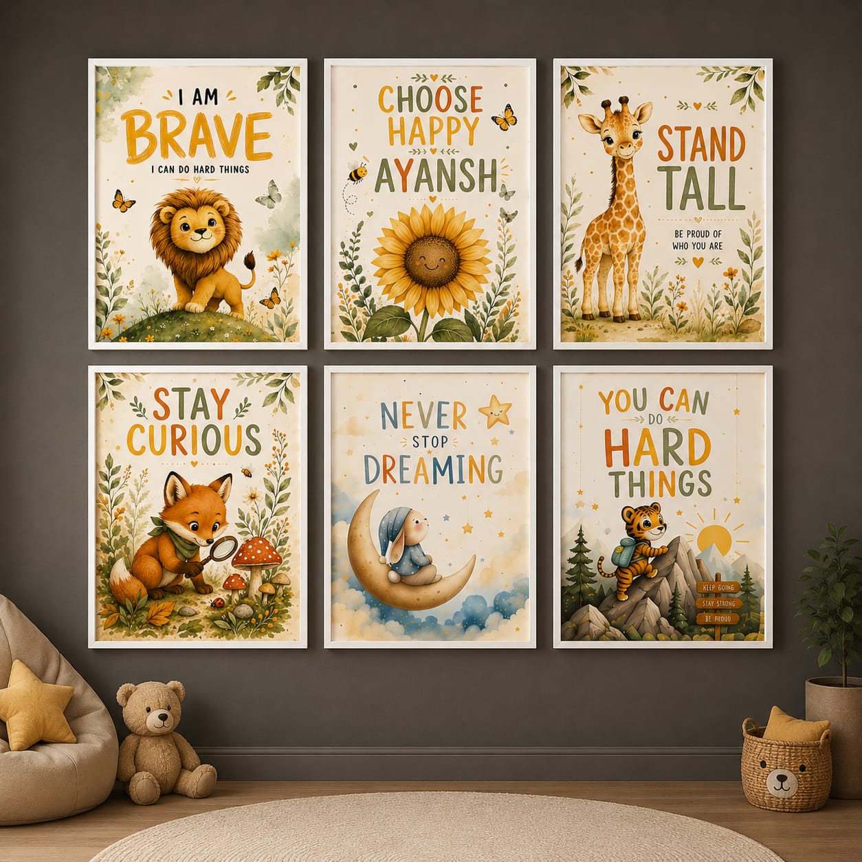 personalized motivational wall art for kids-set of 6 positive affirmation posters