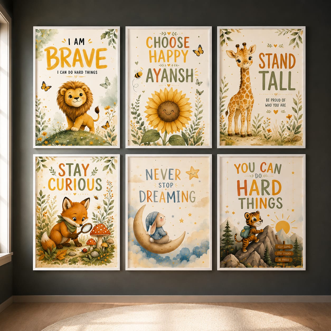 personalized motivational wall art for kids-set of 6 positive affirmation posters