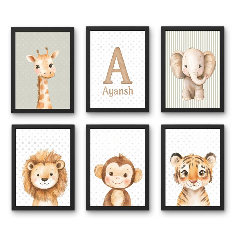 Personalized Safari Animal Wall Art Set of 6 – Custom Name Nursery Decor (Framed Look)