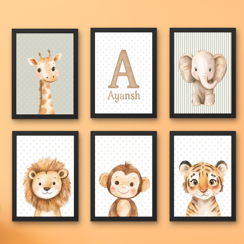 Personalized Safari Animal Wall Art Set of 6 – Custom Name Nursery Decor (Framed Look)