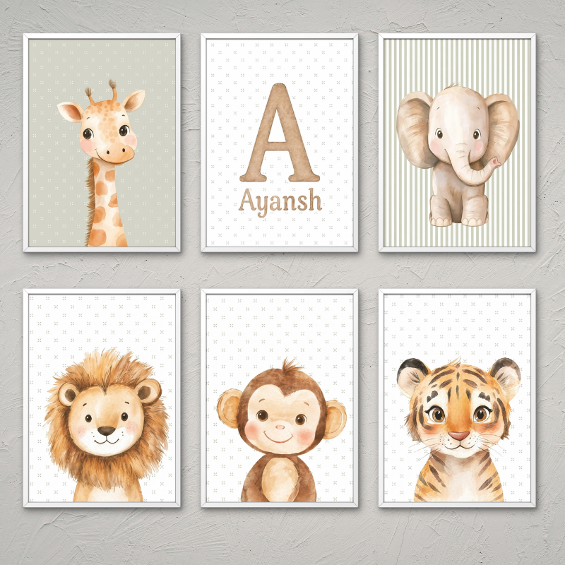 Personalized Safari Animal Wall Art Set of 6 – Custom Name Nursery Decor (Framed Look)