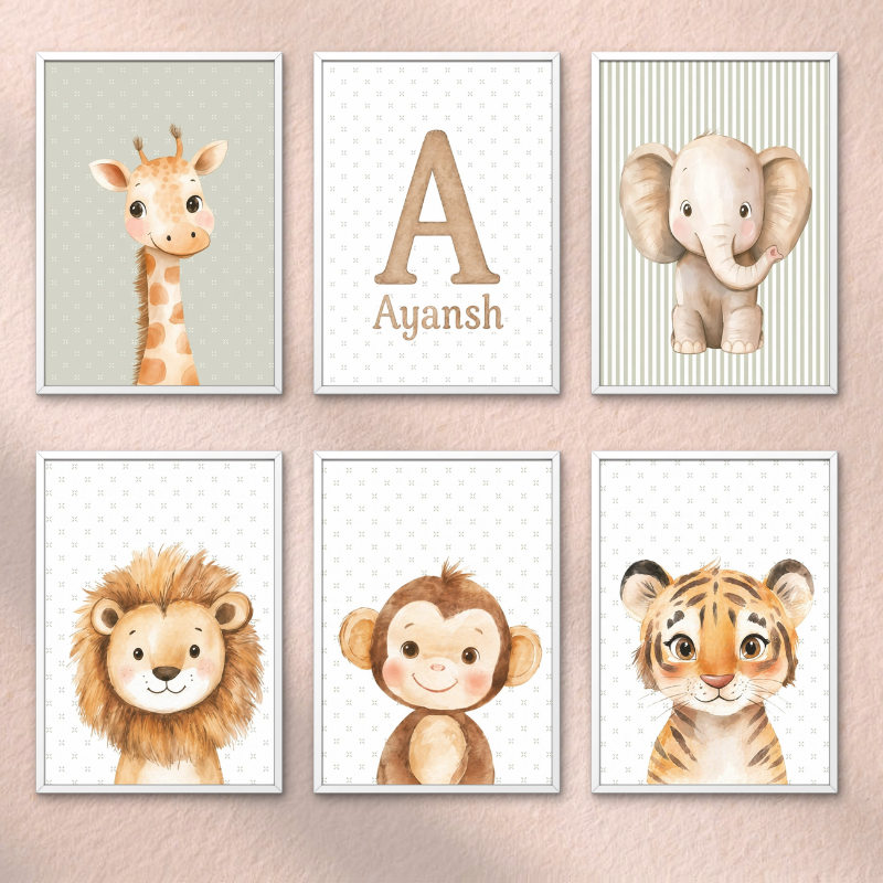 Personalized Safari Animal Wall Art Set of 6 – Custom Name Nursery Decor (Framed Look)
