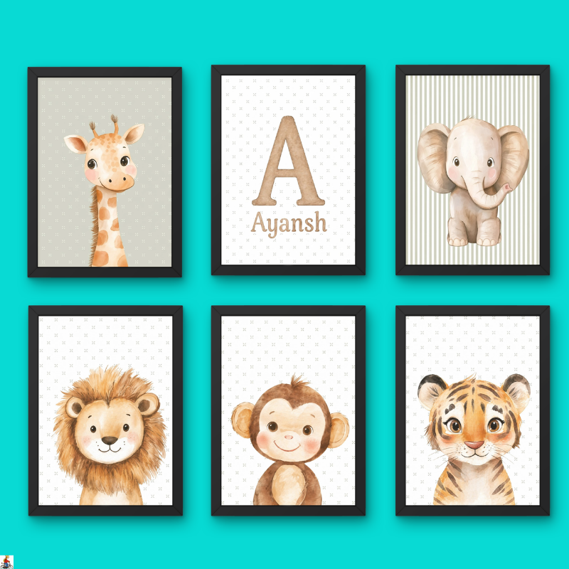 Personalized Safari Animal Wall Art Set of 6 – Custom Name Nursery Decor (Framed Look)