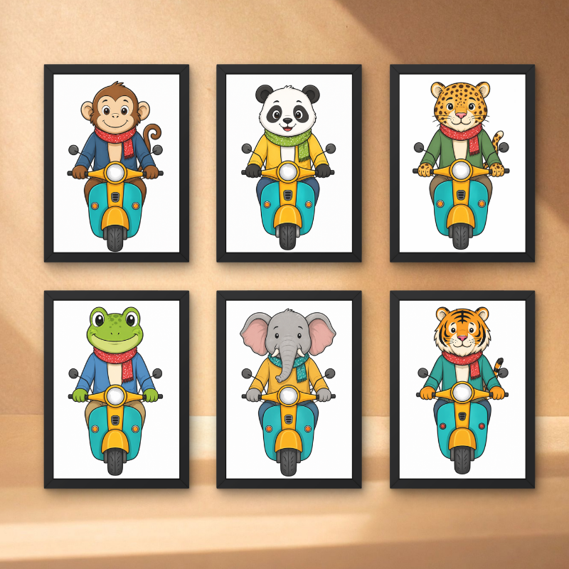 Cute Animal Scooter Wall Art Set (Set of 6) Framed