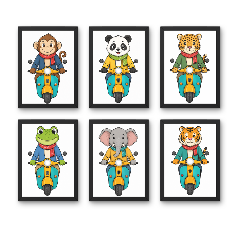 Cute Animal Scooter Wall Art Set (Set of 6) Framed