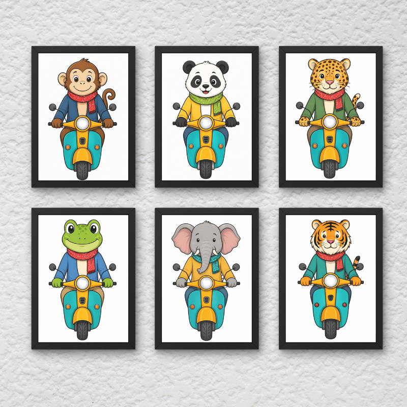 Cute Animal Scooter Wall Art Set (Set of 6) Framed