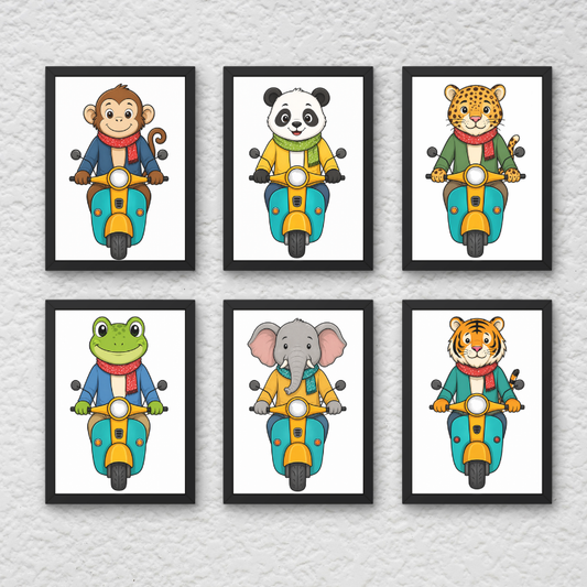 Cute Animal Scooter Wall Art Set (Set of 6) Framed