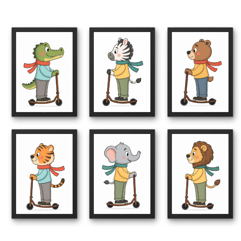 Framed Animal Scooter Wall Art Set of 6 Kids Room Decor Nursery Cartoon