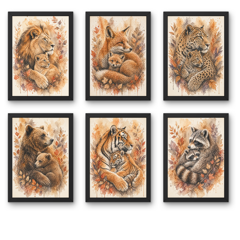 Woodland Animal Family Wall Art Set (Set of 6) | Nursery Decor Framed