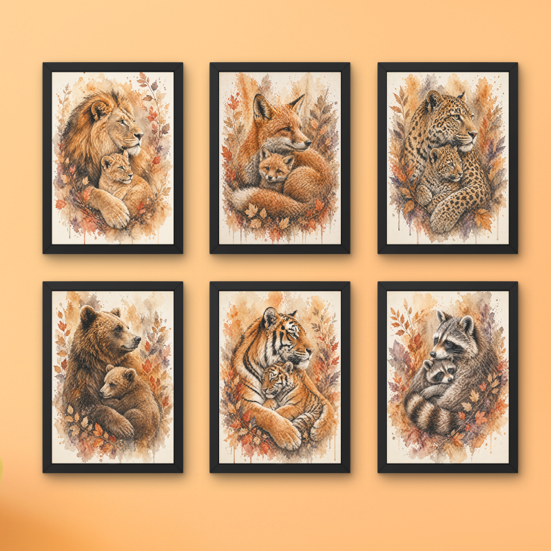 Woodland Animal Family Wall Art Set (Set of 6) | Nursery Decor Framed