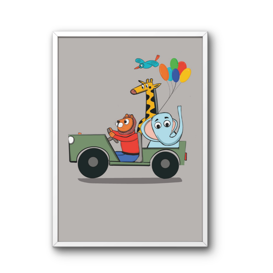 Kids Animal Adventure Wall Art Framed Poster | Nursery Room Decor | Cute Jungle Safari Artwork