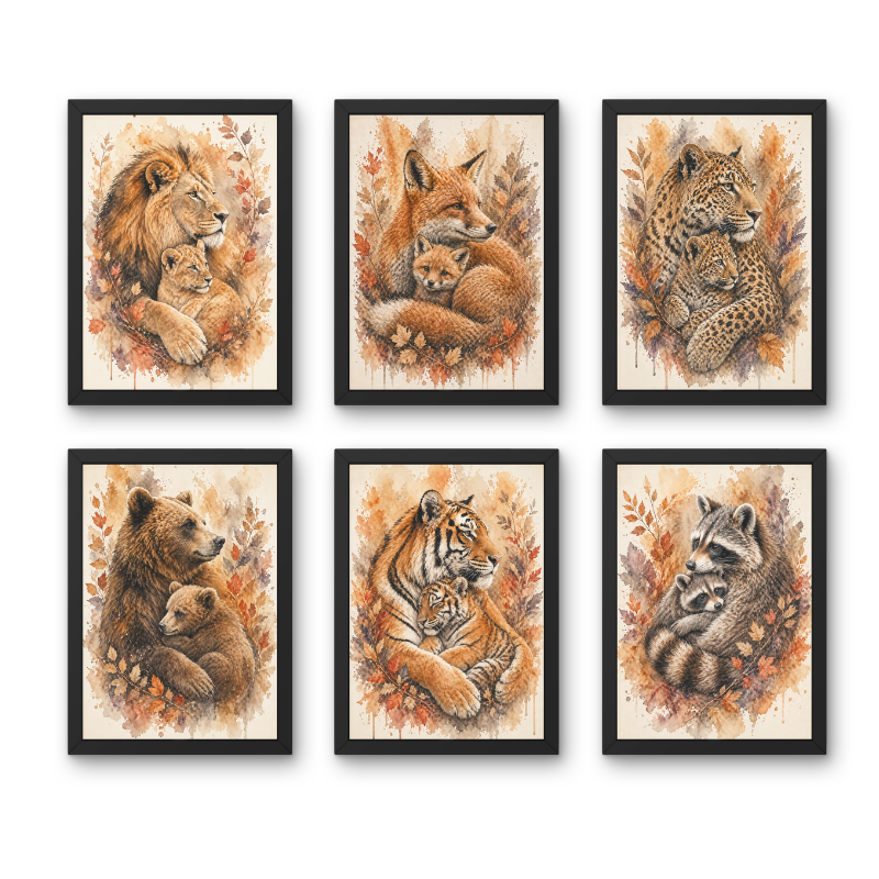 Woodland Animal Family Wall Art Set (Set of 6) | Nursery Decor Framed