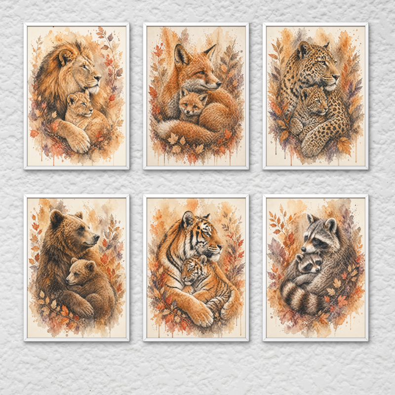 Woodland Animal Family Wall Art Set (Set of 6) | Nursery Decor Framed