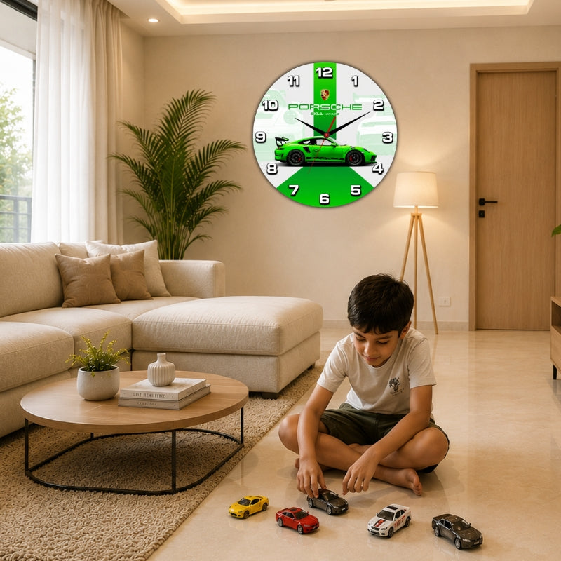 Green Sports Car Wall Clock for Kids and Car Lovers